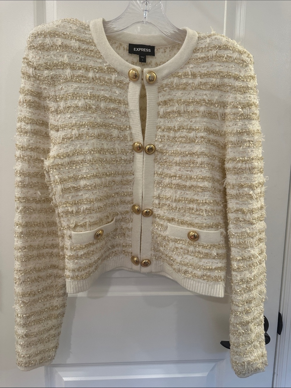 Express White and Gold Tweed Cardigan with Gold Buttons